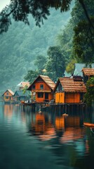 Naklejka premium Lakeside cabins in misty forest