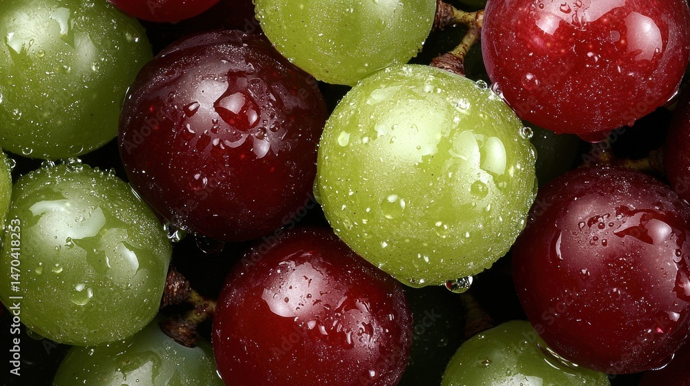 Poster close up view of green and red grapes with water droplets