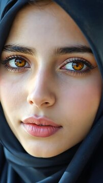 Young beautiful Palestinian woman in black hijab. Arabic Muslim lady in traditional clothes