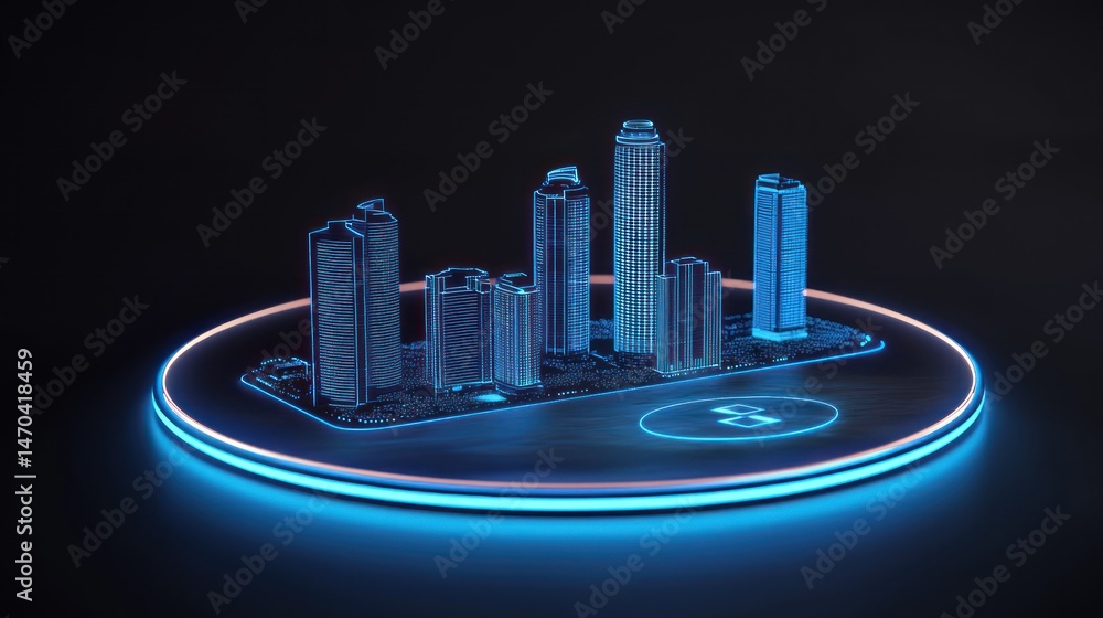 Poster digital rendered futuristic cityscape with glowing neon lights display