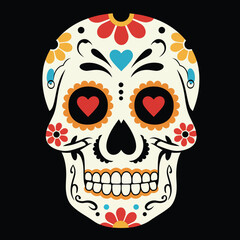 Sugar skull with colorful floral and heart decorations for Day of the Dead celebration vector illustration 