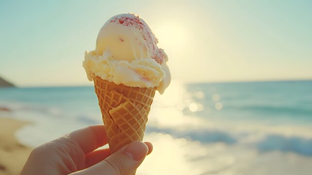 Enjoying a moment of summer bliss with a delightful ice cream cone in hand, set against the serene backdrop of a sun-kissed beach.
