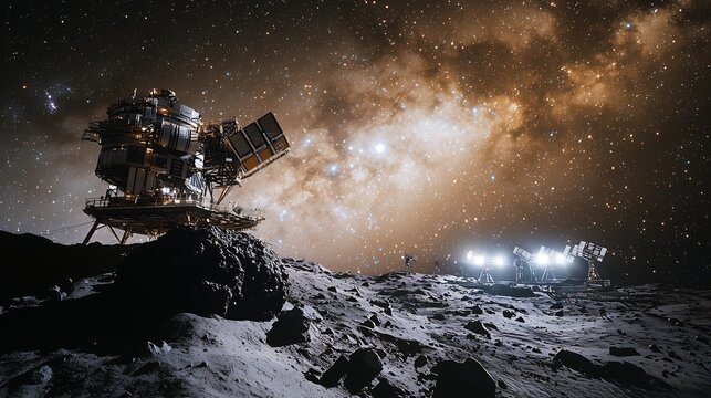 Massive space observatory the edge of a distant asteroid gleaming telescopes scanning distant stars cinematic cosmic exploration