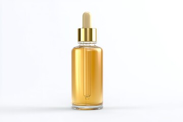 Naklejka premium Amber serum bottle with a gold dropper top against a white background.