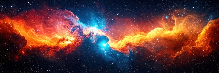 Fiery cosmic clouds collide, creating a vibrant nebula with contrasting colors of orange and blue, scattered with glittering stars against a dark backdrop