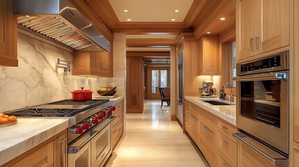 A minimalist kitchen featuring natural wooden design cabinets, a marble backsplash, and high-end appliances, captured in ultra HD for clarity. 