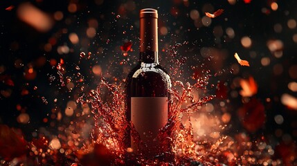 Fototapeta premium Red wine bottle surrounded by splashes and falling leaves