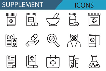Digital Icons of Pharmaceuticals and Supplements for Health Designs