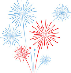 Red and blue fireworks bursting in sky celebration vector illustration with star shapes and sparkles 