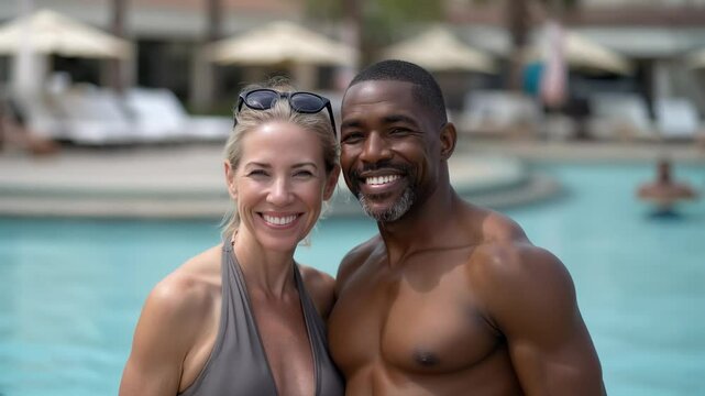 Beautiful mature blond woman posing with her muscle athletic young black boyfriend at a resort swimming pool looking at the camera	