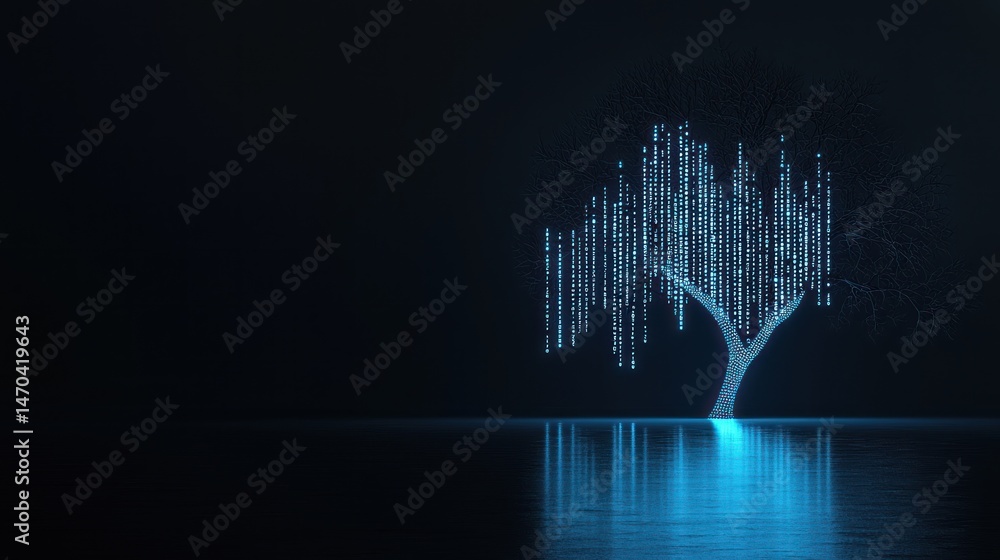 Poster a digitally rendered tree with glowing blue data strands