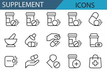  Supplement Icons Including Pill Containers, Mortar, and Capsules