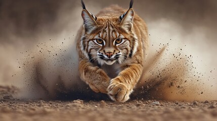 Obraz premium Powerful lynx in full sprint, dust cloud