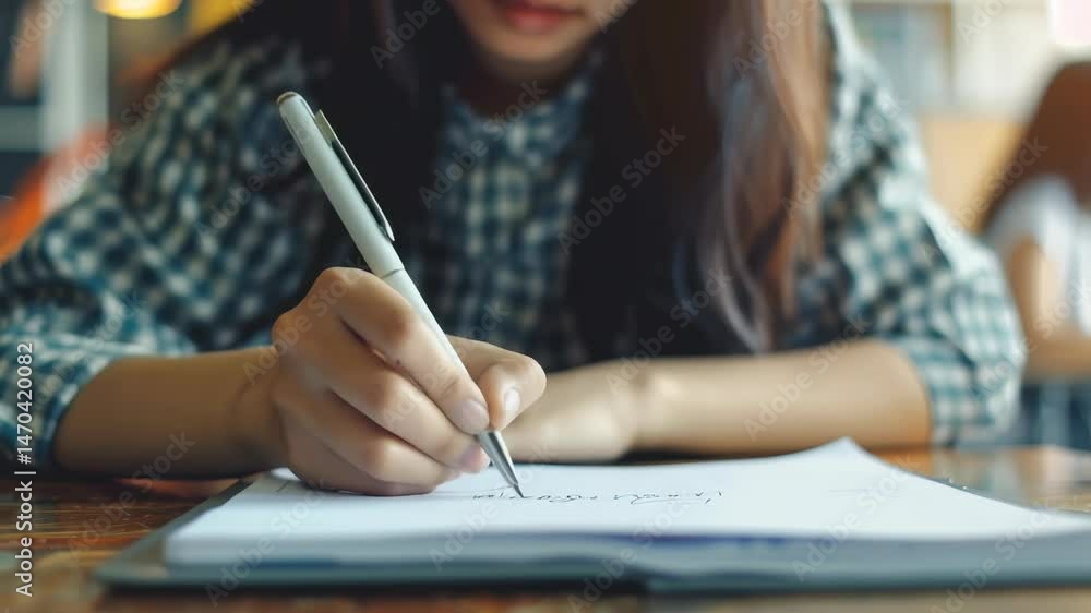 Poster An individual diligently writes on paper with a pen at a table, highlighting focus and skill. The informal setting enhances the relaxed atmosphere, implying a thoughtful task in progress.