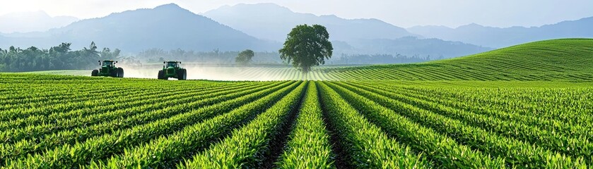 Green tractors working on a lush agricultural farming landscape