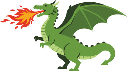 Green dragon breathing fire fantasy mythical creature illustration in flat style vector design 