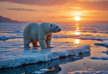 Polar bear stands on ice at sunset, reflecting golden light over the ocean scene