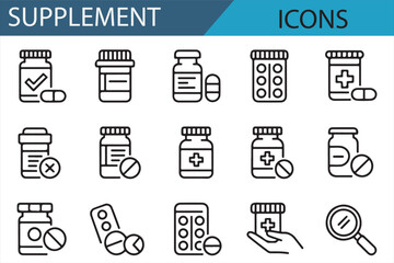 A Set of Icons Representing Pills, Capsules, and Medicine Bottles