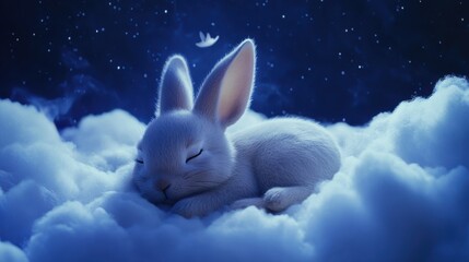cute rabbit sleeping on cloud at night. Lullaby for babies. video template looping relax and nice dream on night 4k quality
