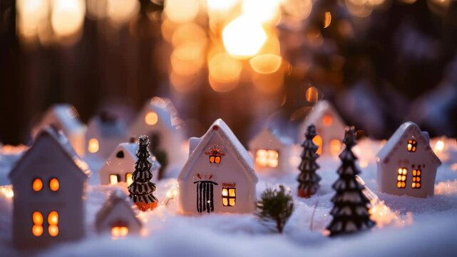 A whimsical miniature winter village scene, showcasing tiny illuminated houses nestled in a blanket of soft snow, evoking a sense of warmth, holiday spirit, and festive charm. Bokeh background.