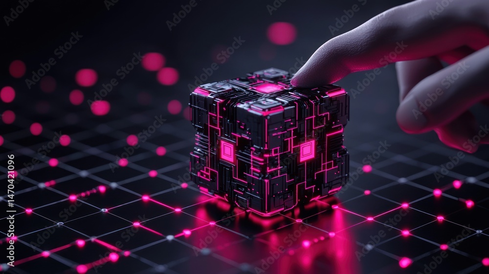 Poster a finger touches the surface of an illuminated digital cube
