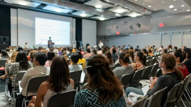 Large audience seated in rows, listening to a presenter on stage at a convention. The room is well-lit and spacious, filled with people attending the event. The audience watches the speaker.