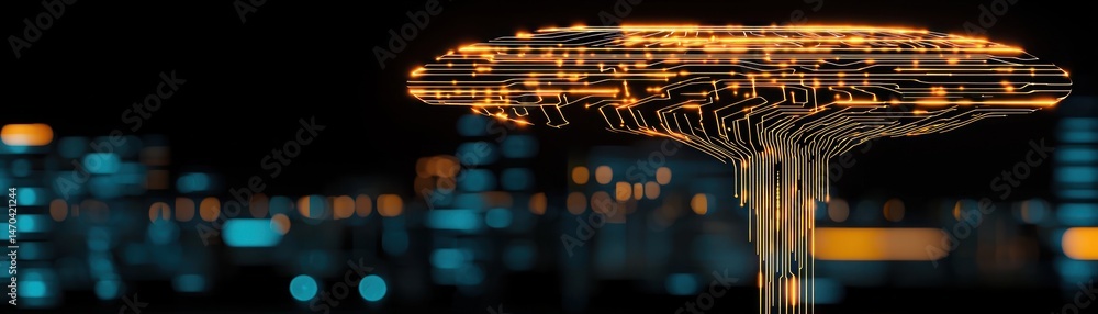 Poster Electronic circuit diagram creating a tree shape over a cityscape background