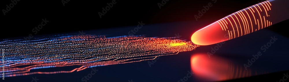 Poster Glowing finger interacts with illuminated pixelated data stream on dark surface