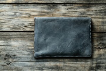 A dark grey leather portfolio rests on a rustic wooden surface.