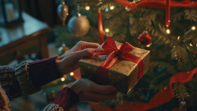 A person holds a wrapped present with a red ribbon against the backdrop of a decorated Christmas tree, illuminated with ornaments and string lights in the background, holiday spirit.