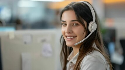 A smiling woman with a headset sits in an office. She is a customer service representative, providing support to clients. The setting is professional, suggesting communication and assistance. - Powered by Adobe