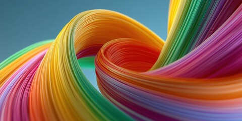3D dynamic vortex ribbon of swirling rainbow light bands in bright colors like red, yellow, green, and purple