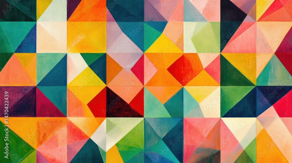 Poster a vibrant geometric pattern features a blend of colorful shapes and hues arranged in an abstract gri