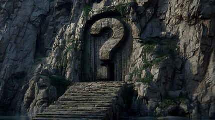 A mysterious ancient ruin with a giant question mark carved into the rock face, leading to a dark and unknown entrance. .