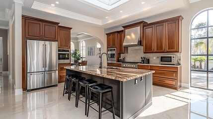 A modern kitchen with sleek wooden furniture and stainless steel appliances, a marble countertop in the center, captured in ultra HD for a realistic feel. 
