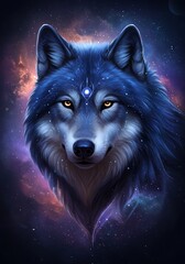 Cosmic Wolf: Mystical Blue Portrait AI Generated
