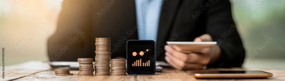 Poster an upward trend chart displayed with money and mobile technology