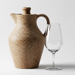 Brown jug with handle and clear glass goblet on white background.