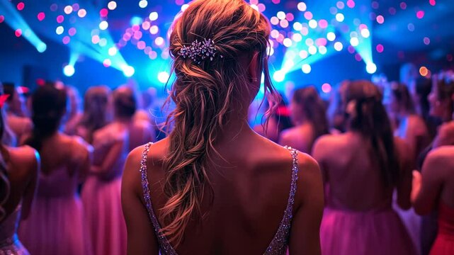 Back view of a girl in a sparkly dress with styled hair attending a prom or formal dance surrounded by others in evening gowns.
