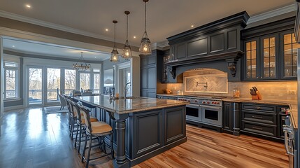 A spacious kitchen room with dark gray cabinets, wooden flooring, and a modern island, blending classic and modern styles. 