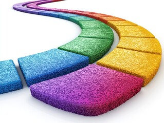 Colorful, textured path curves gently across a white background.  Each segment shows a spectrum of hues
