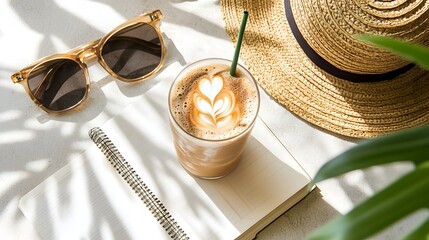 Tropical getaway vibes with sunglasses, a latte, straw hat, and a notebook ? perfect for relaxing and planning your next adventure.