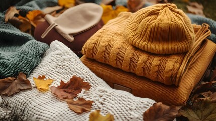 Autumn Layers: Cozy knitwear and fallen leaves evoke the comfort and warmth of the autumn season, perfect for cooler weather.