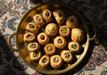 Tray of assorted maamoul cookies on oriental tablecloth