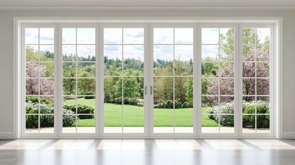 Fototapeta premium Triple sliding doors with wide glass windows offering a backyard garden view.