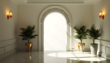 Fototapeta premium Beautiful photography frame mockup in luminous entrance, dramatic. White tone