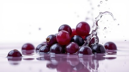 Plump purple berries splash into reflective water, creating dynamic ripples and droplets against a crisp white background