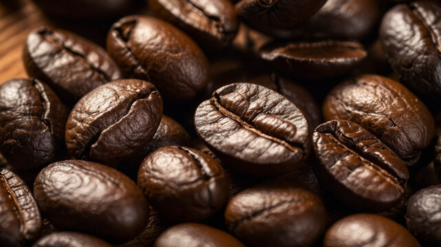 Roasted Coffee Beans on Rustic Wooden Background in Warm Lighting
