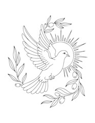 Glowing Dove with Olive Branch – Christian Symbol of Peace and Glory Coloring Page
