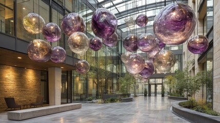 Glass Spheres in Courtyard with Stone Building and Trees